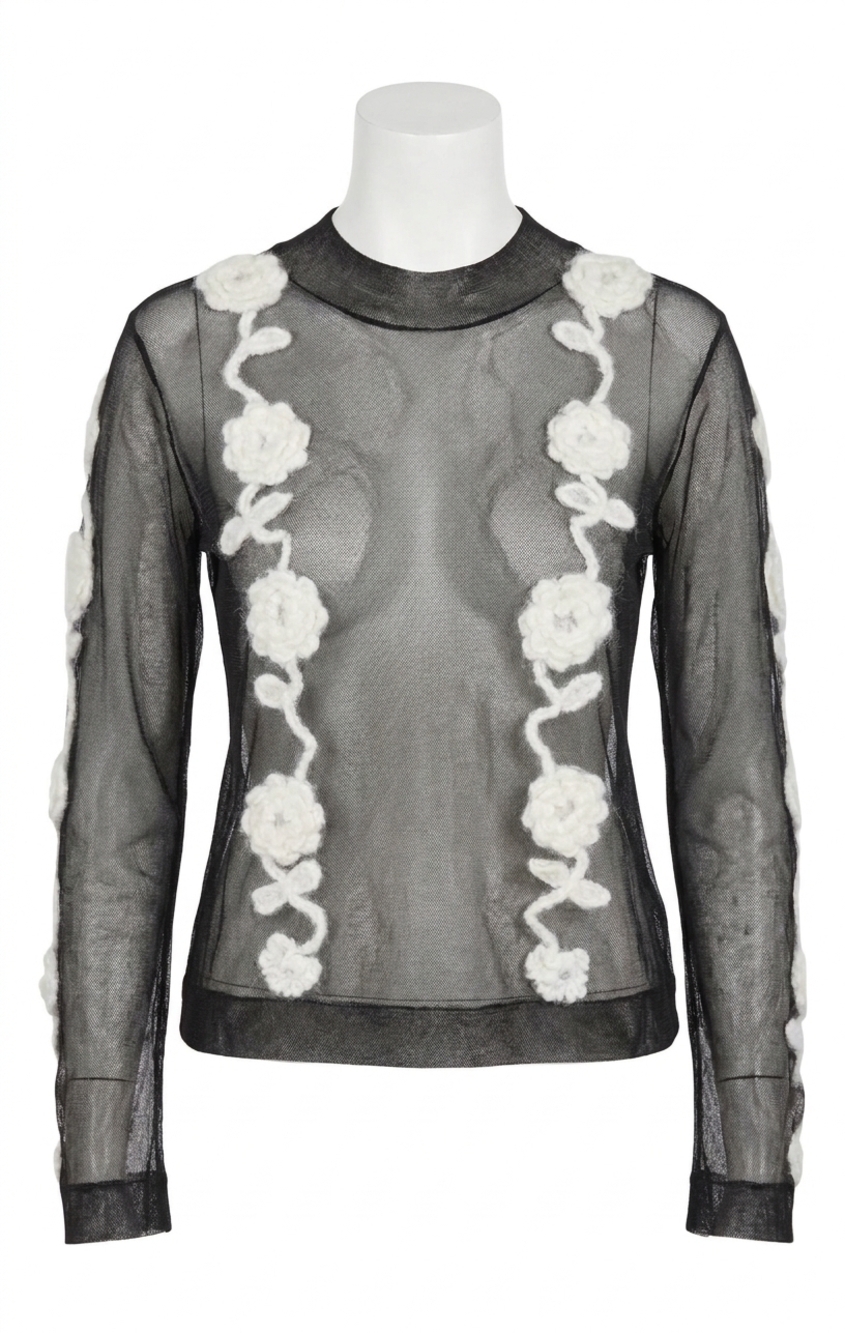 NEW GANNI flower crochet mesh top in black